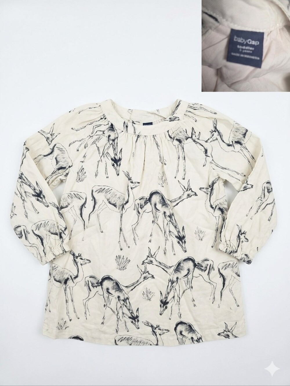 GAP Cream Deer-Print Long Sleeve Top/short Dress for Toddlers 3T